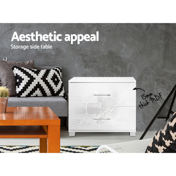 Artiss High Gloss Two Drawers Bedside Table - White freeshipping - Awezingly