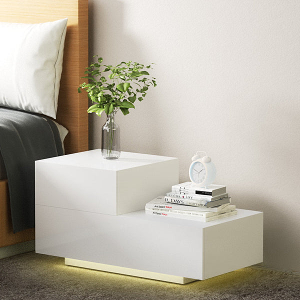 Artiss Bedside Tables 2 Drawers Side Table RGB LED High Gloss Nightstand White Artiss