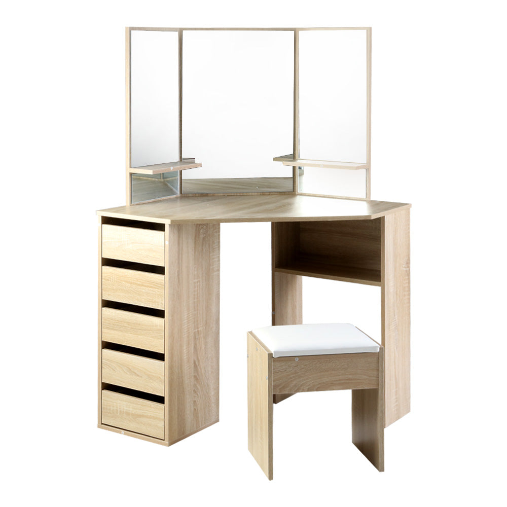 Artiss Corner Dressing Table Mirror Stool Set Makeup Vanity Desk Chair Oak freeshipping - Awezingly