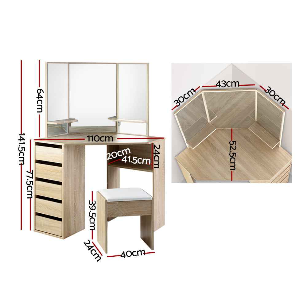 Artiss Corner Dressing Table Mirror Stool Set Makeup Vanity Desk Chair Oak freeshipping - Awezingly