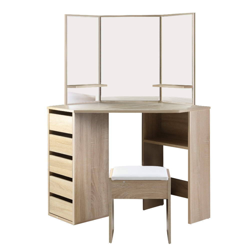 Artiss Corner Dressing Table Mirror Stool Set Makeup Vanity Desk Chair Oak freeshipping - Awezingly