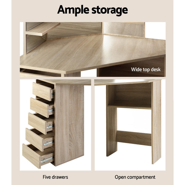 Artiss Corner Dressing Table Mirror Stool Set Makeup Vanity Desk Chair Oak freeshipping - Awezingly