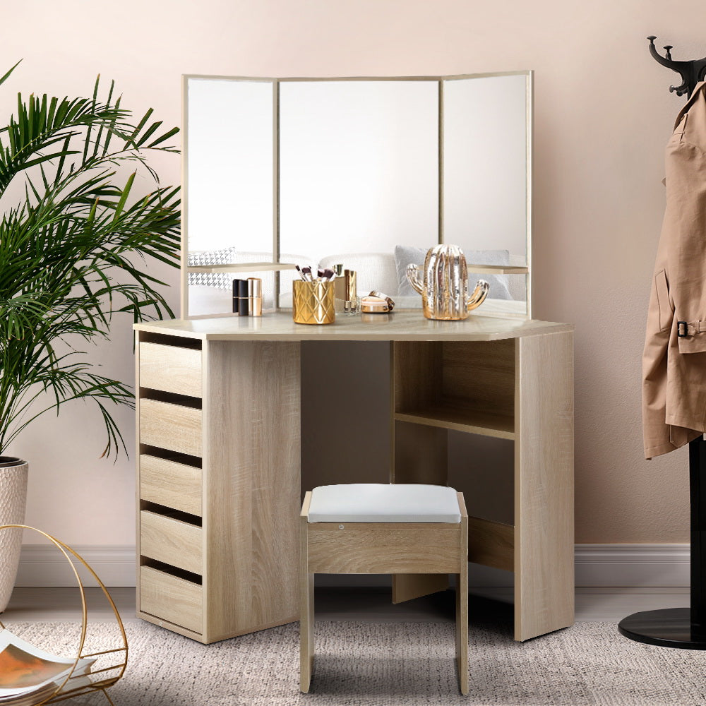 Artiss Corner Dressing Table Mirror Stool Set Makeup Vanity Desk Chair Oak freeshipping - Awezingly