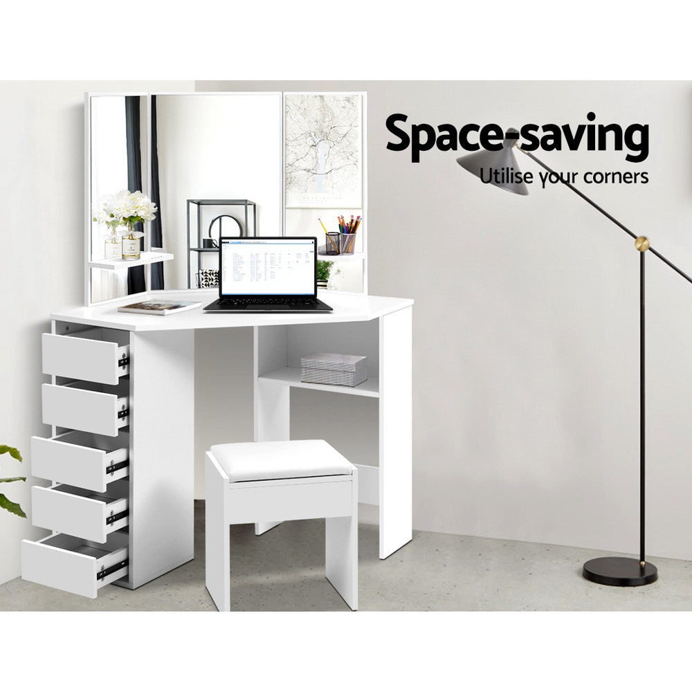 Artiss Corner Dressing Table With Mirror Stool White Mirrors Makeup Tables Chair freeshipping - Awezingly