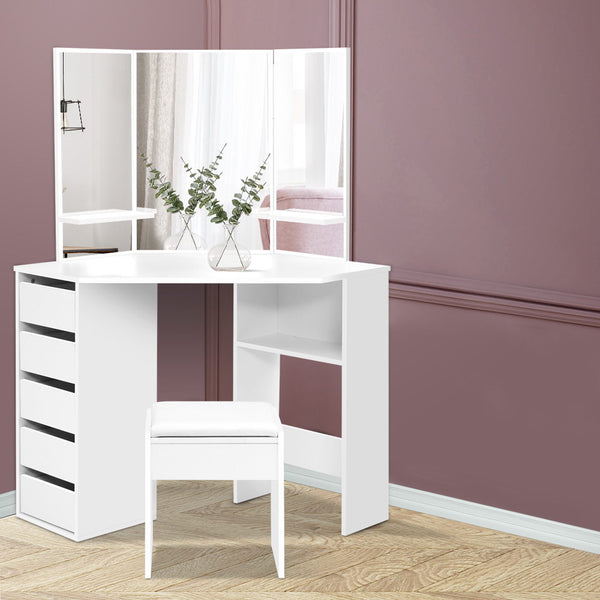 Artiss Corner Dressing Table With Mirror Stool White Mirrors Makeup Tables Chair freeshipping - Awezingly
