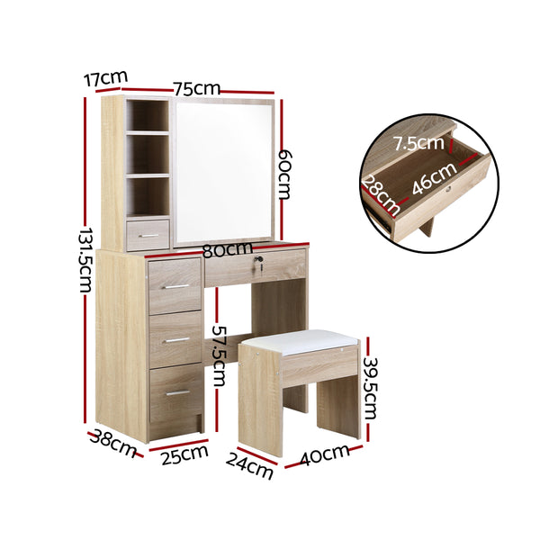 Artiss Dressing Table Stool Set Slide Mirror Makeup Vanity Desk Chair Drawer Oak freeshipping - Awezingly