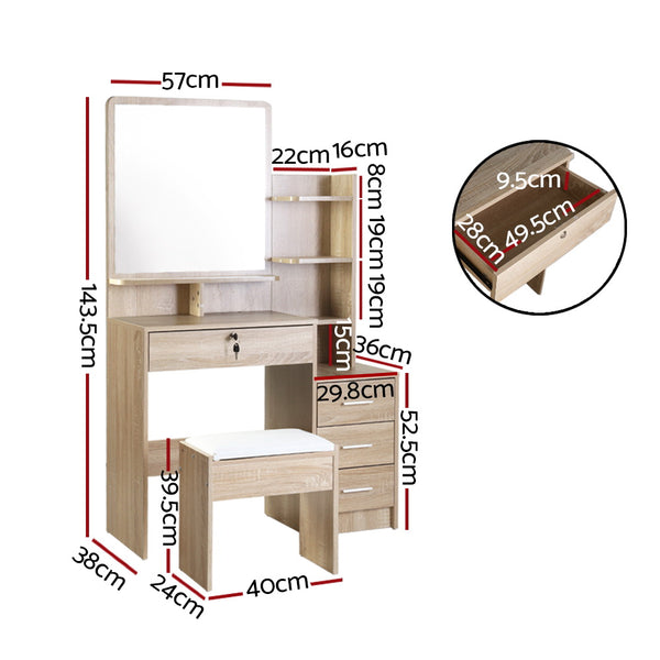 Artiss Dressing Table Mirror Stool Set Vanity Makeup Desk Organizer Drawer Oak freeshipping - Awezingly