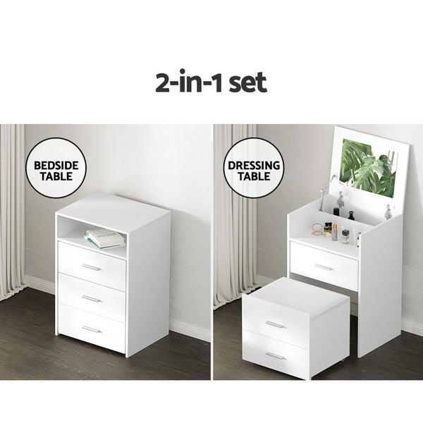 Artiss Dressing Table Bedside Tables 2-in-1 Set Hidden Makeup Mirror Storage Drawers Artiss