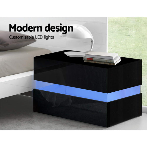 Artiss Bedside Table 2 Drawers RGB LED Side Nightstand High Gloss Cabinet Black freeshipping - Awezingly