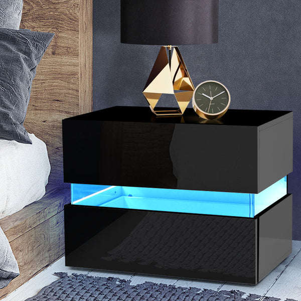 Artiss Bedside Table 2 Drawers RGB LED Side Nightstand High Gloss Cabinet Black freeshipping - Awezingly