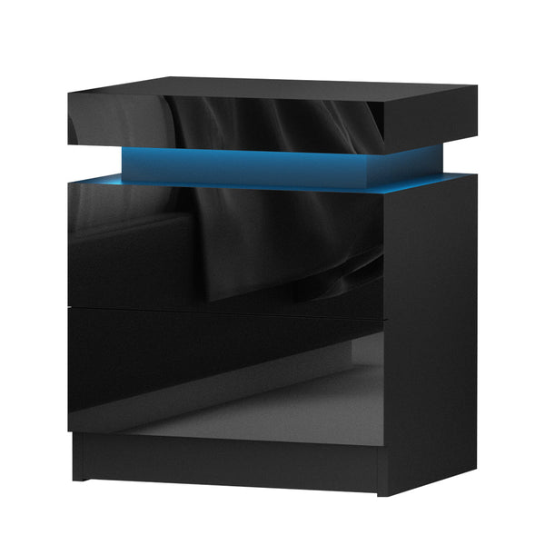 Artiss Bedside Tables Side Table Drawers RGB LED High Gloss Nightstand Black Artiss