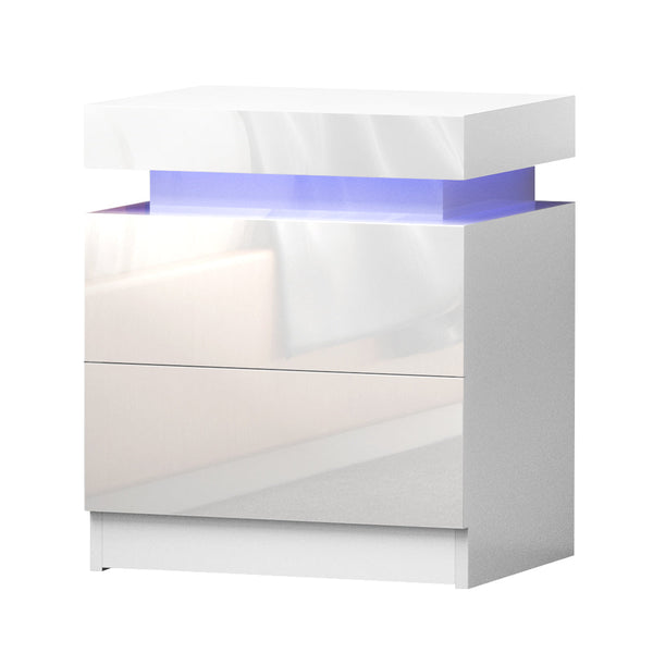 Artiss Bedside Tables Side Table Drawers RGB LED High Gloss Nightstand White Artiss