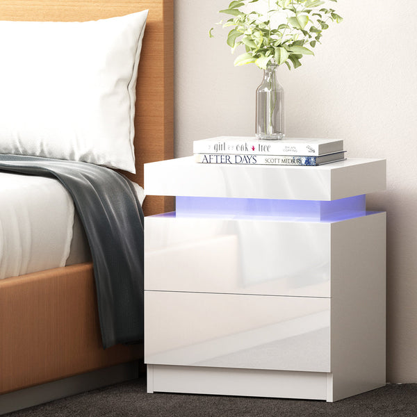 Artiss Bedside Tables Side Table Drawers RGB LED High Gloss Nightstand White Artiss