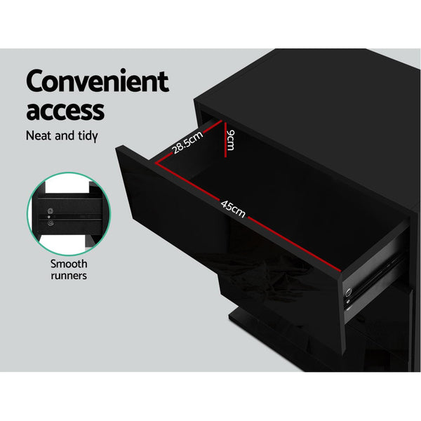 Artiss Bedside Tables Side Table RGB LED Lamp 2 Drawers Nightstand Gloss Black freeshipping - Awezingly