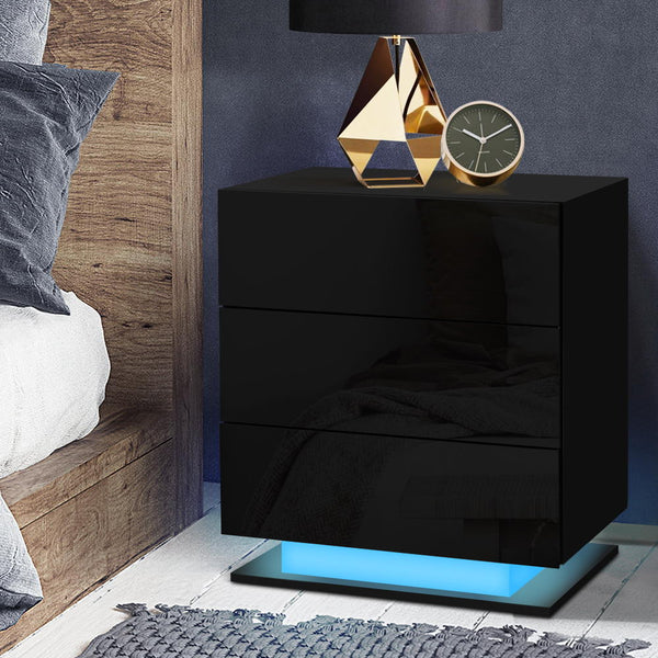 Artiss Bedside Tables Side Table RGB LED Lamp 2 Drawers Nightstand Gloss Black freeshipping - Awezingly