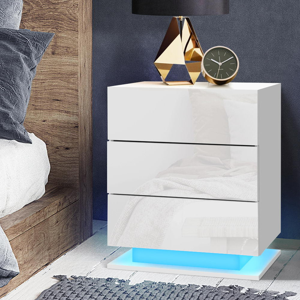 Artiss Bedside Tables Side Table RGB LED Lamp 2 Drawers Nightstand Gloss White freeshipping - Awezingly