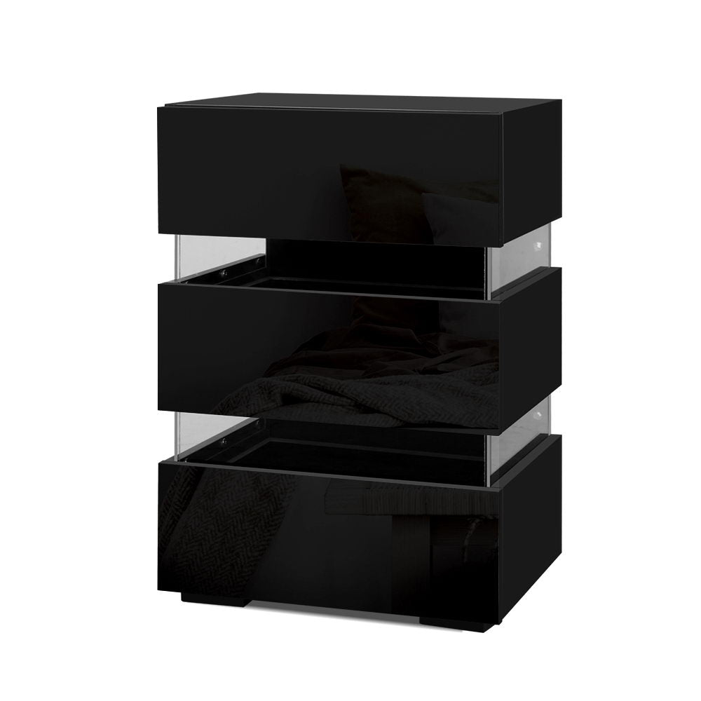 Artiss Bedside Table Side Unit RGB LED Lamp 3 Drawers Nightstand Gloss Furniture Black freeshipping - Awezingly