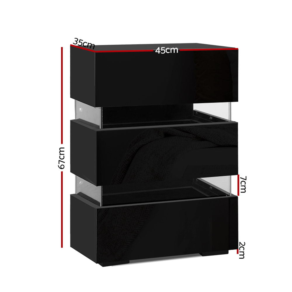 Artiss Bedside Table Side Unit RGB LED Lamp 3 Drawers Nightstand Gloss Furniture Black freeshipping - Awezingly