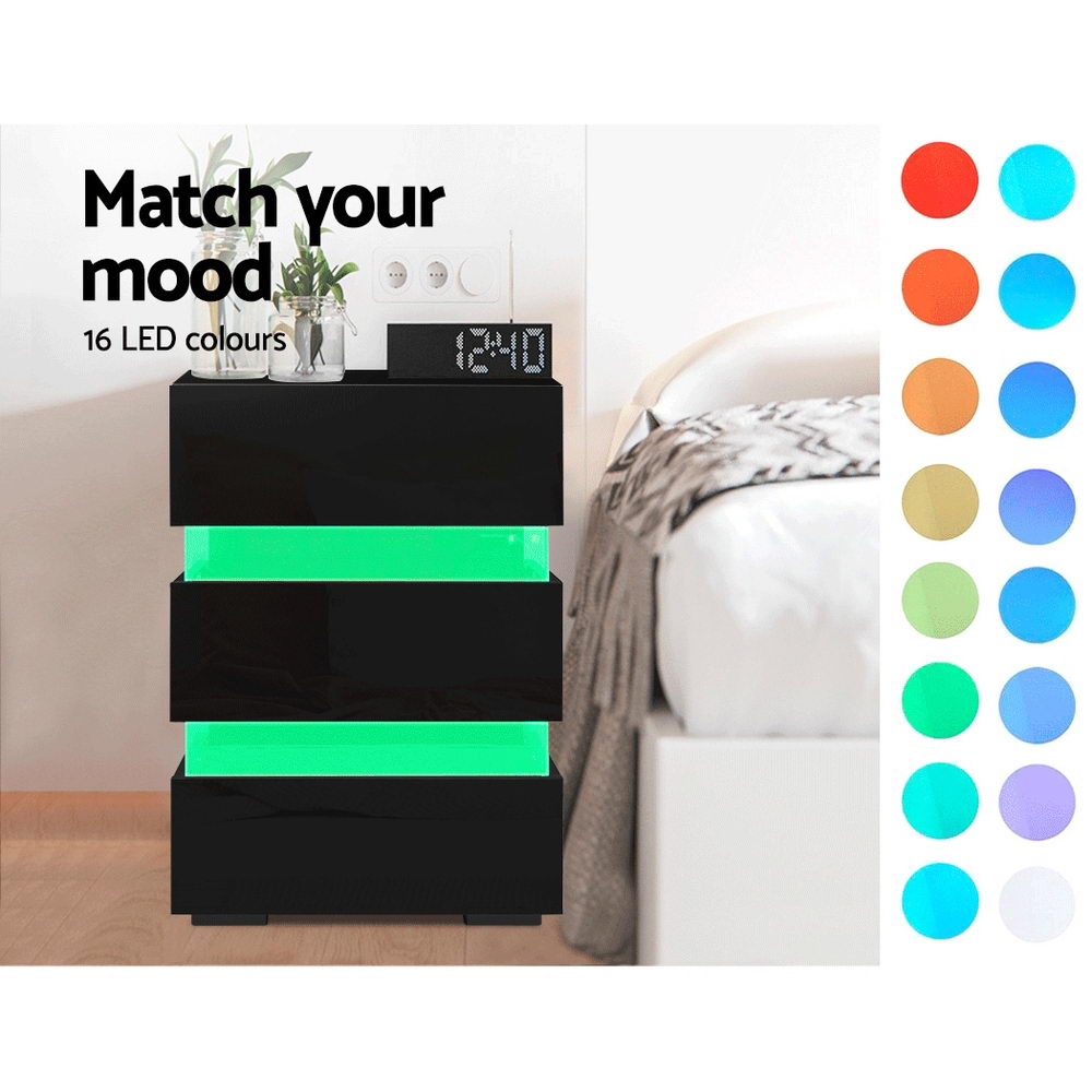 Artiss Bedside Table Side Unit RGB LED Lamp 3 Drawers Nightstand Gloss Furniture Black freeshipping - Awezingly