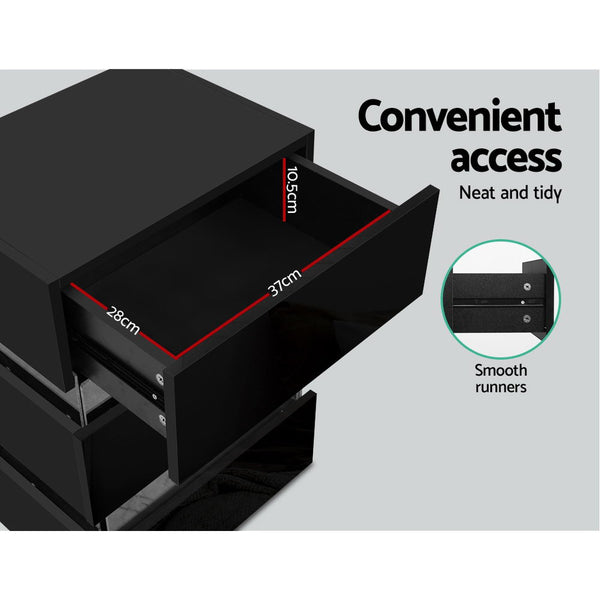 Artiss Bedside Table Side Unit RGB LED Lamp 3 Drawers Nightstand Gloss Furniture Black freeshipping - Awezingly