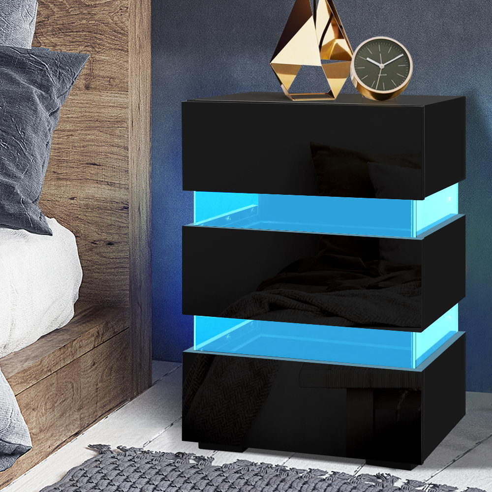 Artiss Bedside Table Side Unit RGB LED Lamp 3 Drawers Nightstand Gloss Furniture Black freeshipping - Awezingly