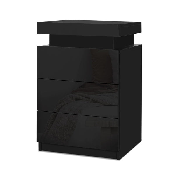 Artiss Bedside Tables Side Table 3 Drawers RGB LED High Gloss Nightstand Black freeshipping - Awezingly