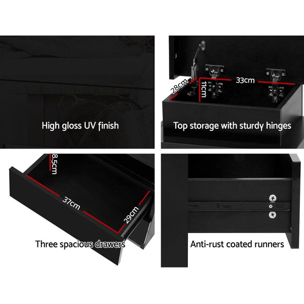 Artiss Bedside Tables Side Table 3 Drawers RGB LED High Gloss Nightstand Black freeshipping - Awezingly