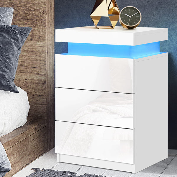 Artiss Bedside Tables Side Table 3 Drawers RGB LED High Gloss Nightstand White freeshipping - Awezingly