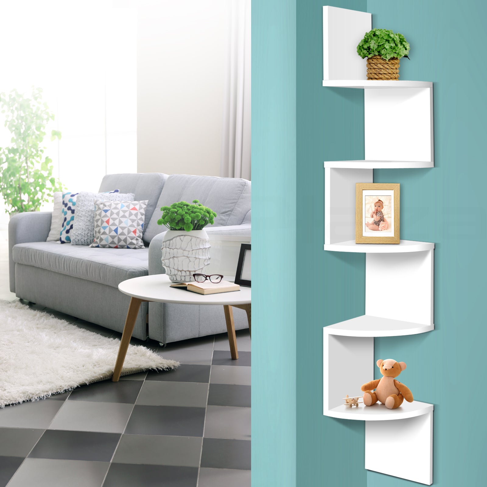 Artiss 5 Tier Corner Wall Shelf - White freeshipping - Awezingly