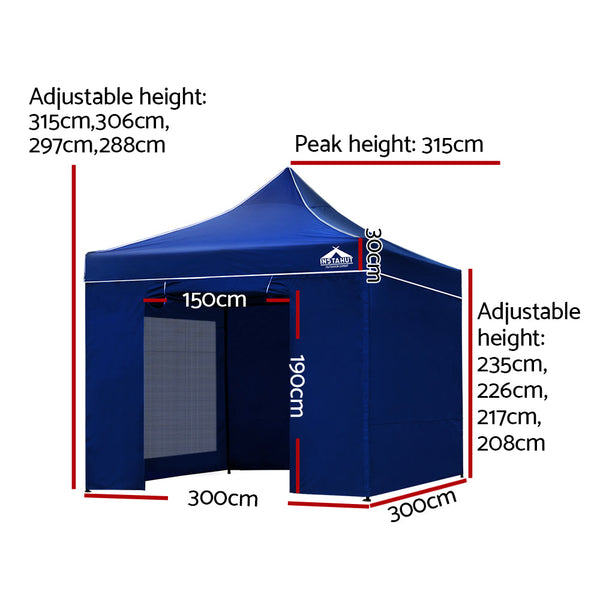 Instahut Gazebo Pop Up Marquee 3x3m Folding Wedding Tent Gazebos Shade Blue Instahut