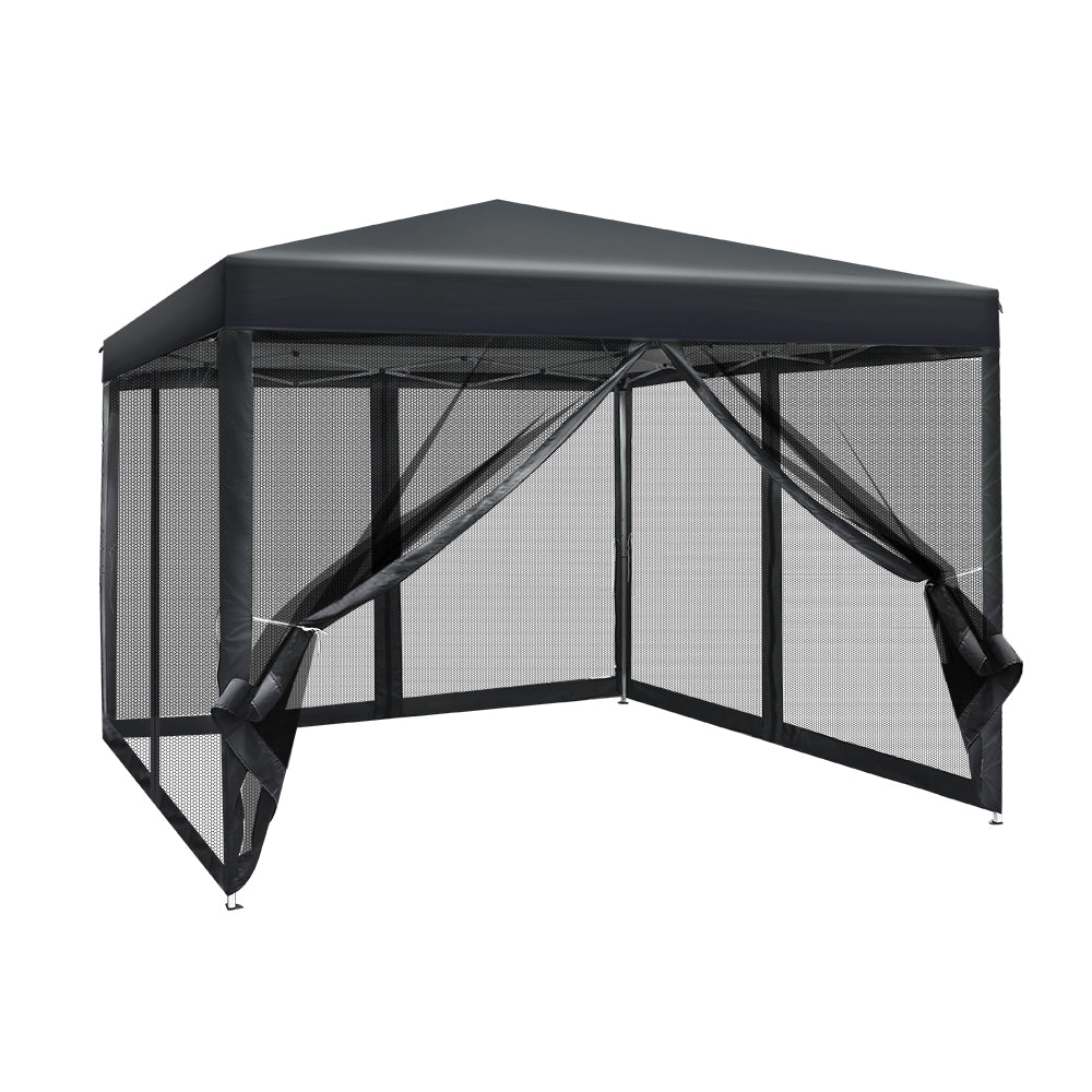 Instahut Gazebo Pop Up Marquee 3x3 Wedding Side Mesh Wall Outdoor Gazebos Black Instahut