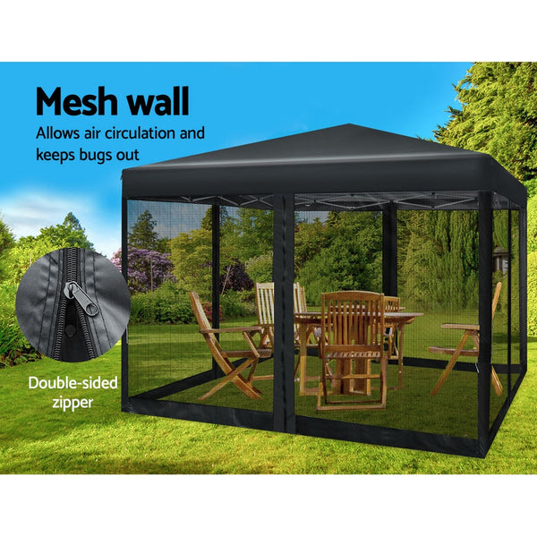 Instahut Gazebo Pop Up Marquee 3x3 Wedding Side Mesh Wall Outdoor Gazebos Black Instahut