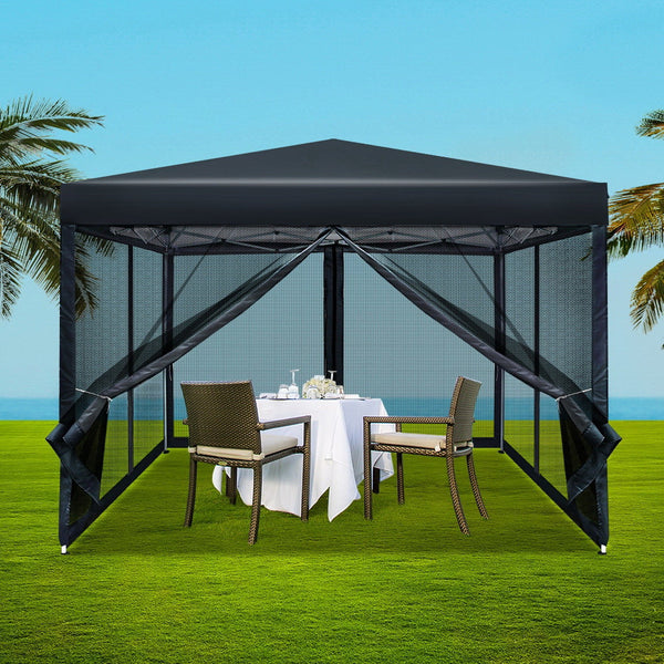 Instahut Gazebo Pop Up Marquee 3x3 Wedding Side Mesh Wall Outdoor Gazebos Black Instahut