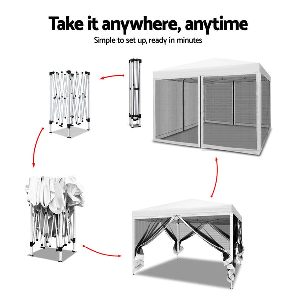 Instahut Gazebo Pop Up Marquee 3x3 Wedding Side Mesh Wall Outdoor Gazebos White Instahut