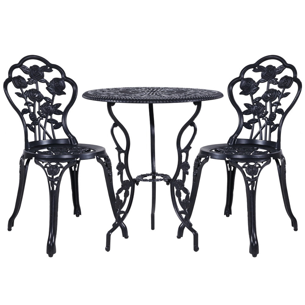 Gardeon 3PC Outdoor Setting Cast Aluminium Bistro Table Chair Patio Black freeshipping - Awezingly