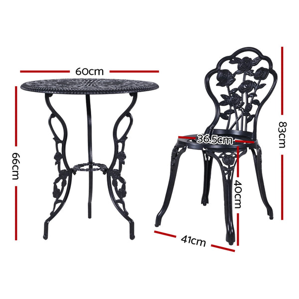 Gardeon 3PC Outdoor Setting Cast Aluminium Bistro Table Chair Patio Black freeshipping - Awezingly