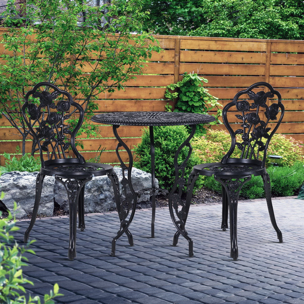 Gardeon 3PC Outdoor Setting Cast Aluminium Bistro Table Chair Patio Black freeshipping - Awezingly