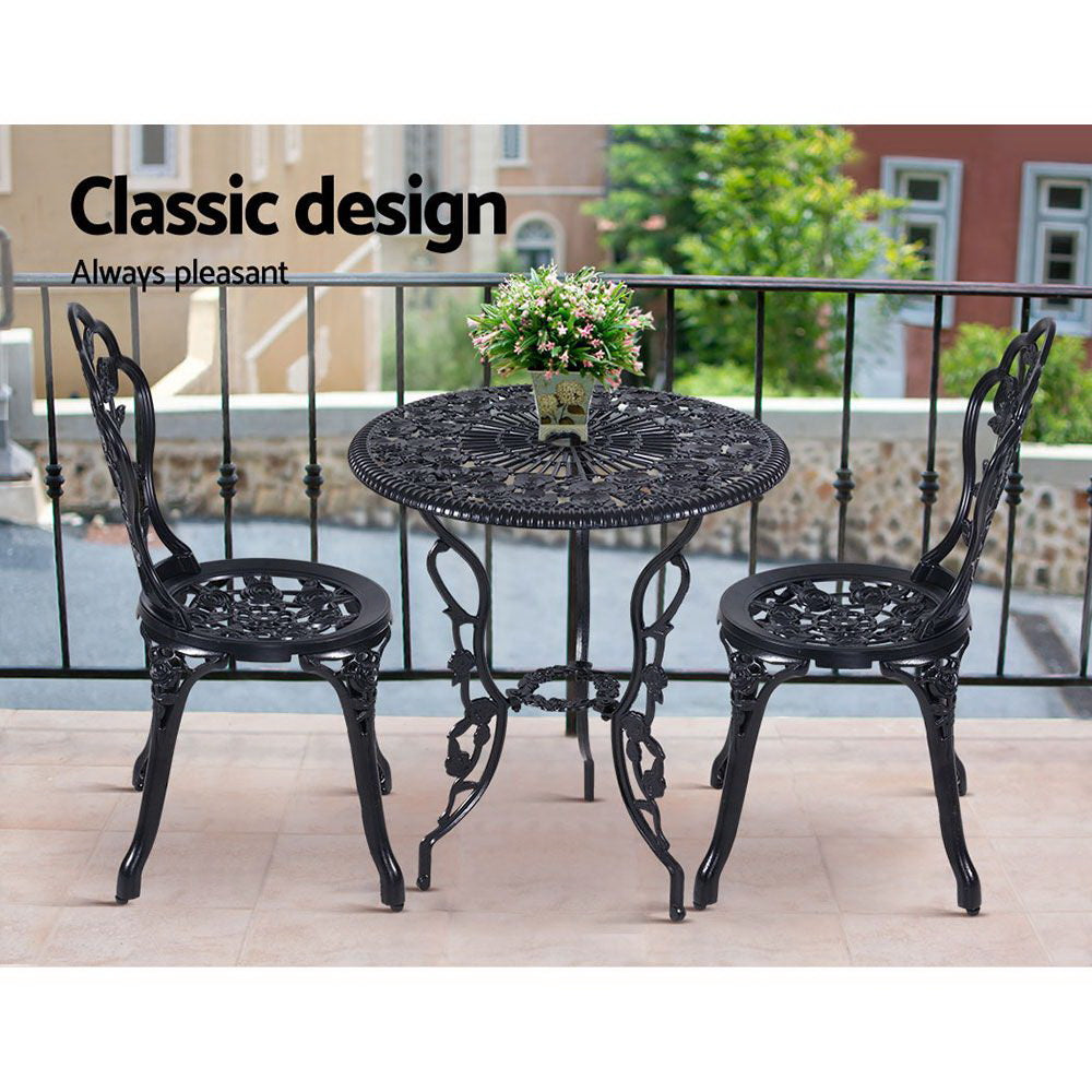 Gardeon 3PC Outdoor Setting Cast Aluminium Bistro Table Chair Patio Black freeshipping - Awezingly