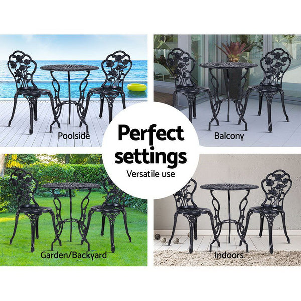 Gardeon 3PC Outdoor Setting Cast Aluminium Bistro Table Chair Patio Black freeshipping - Awezingly