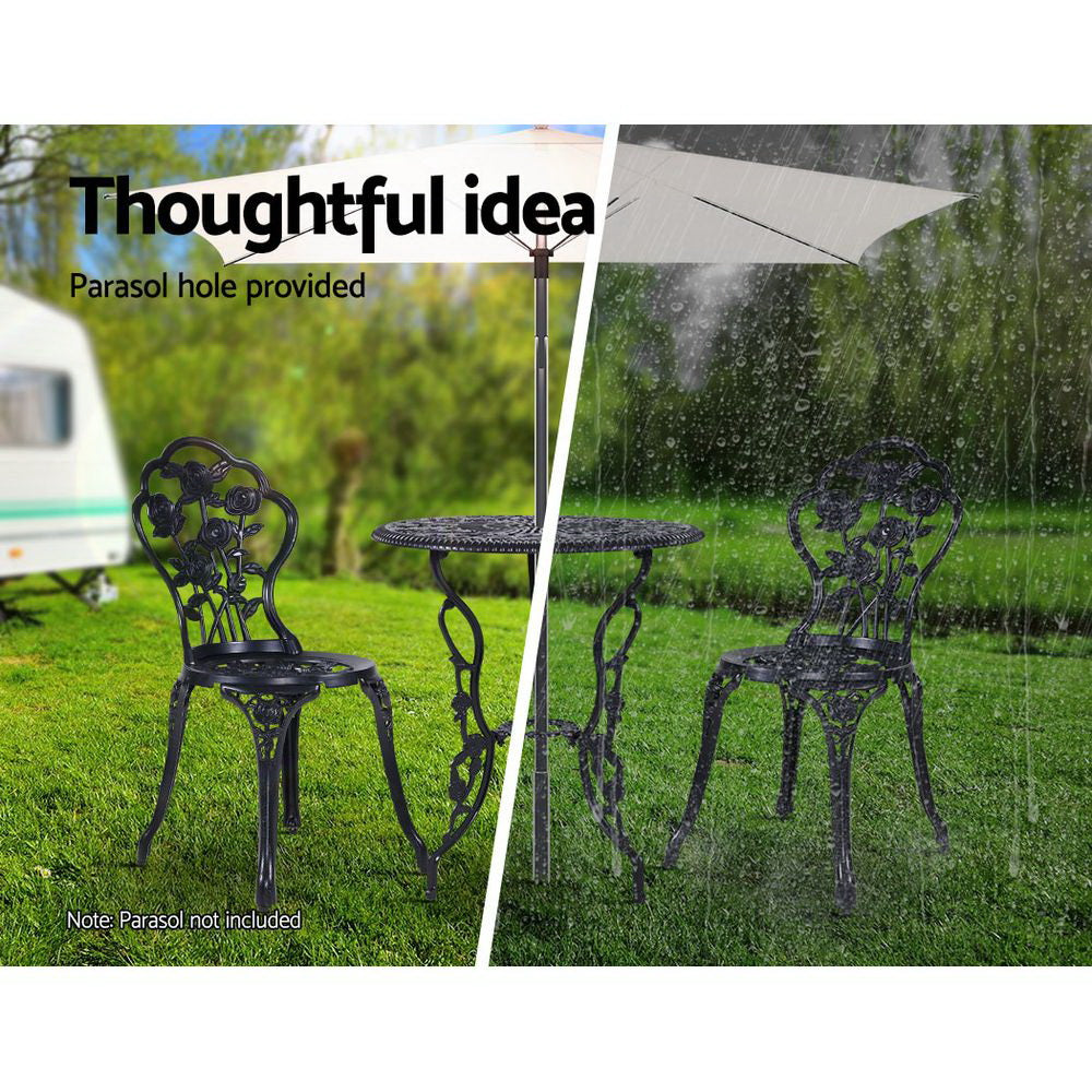 Gardeon 3PC Outdoor Setting Cast Aluminium Bistro Table Chair Patio Black freeshipping - Awezingly