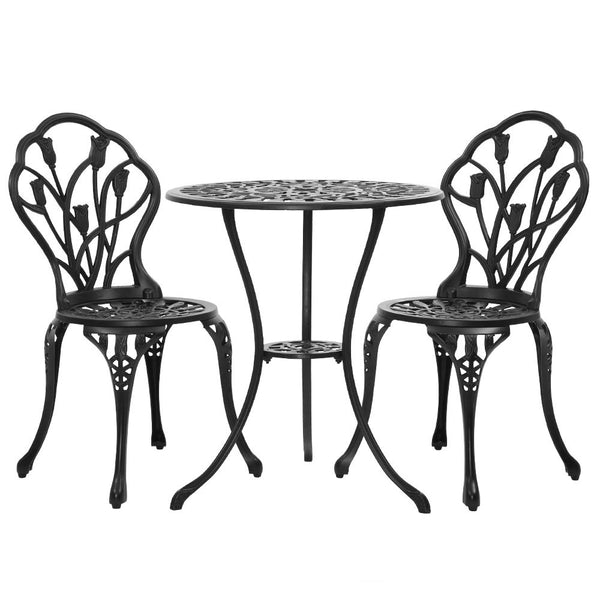 Gardeon 3PC Outdoor Setting Cast Aluminium Bistro Table Chair Patio Black freeshipping - Awezingly