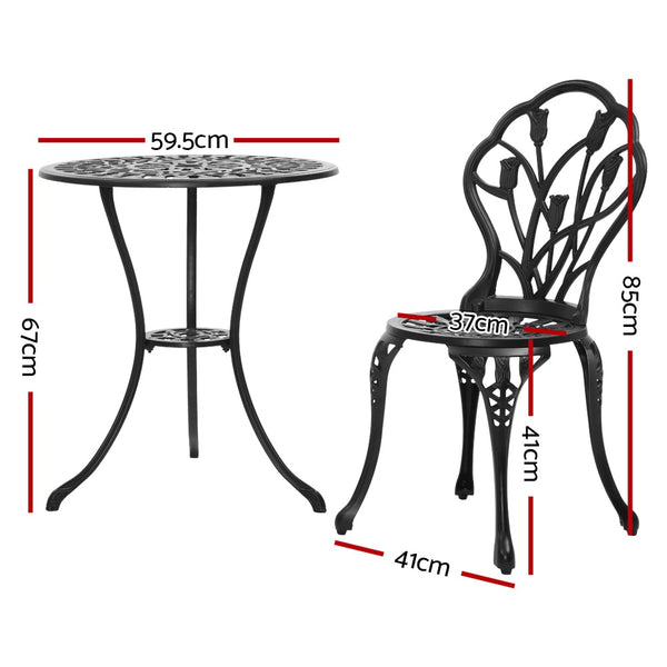 Gardeon 3PC Outdoor Setting Cast Aluminium Bistro Table Chair Patio Black freeshipping - Awezingly