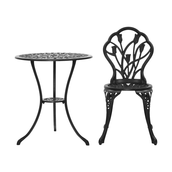 Gardeon 3PC Outdoor Setting Cast Aluminium Bistro Table Chair Patio Black freeshipping - Awezingly