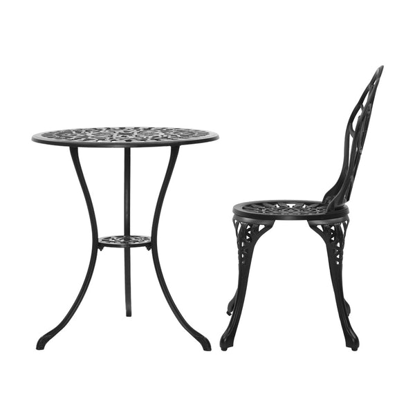 Gardeon 3PC Outdoor Setting Cast Aluminium Bistro Table Chair Patio Black freeshipping - Awezingly