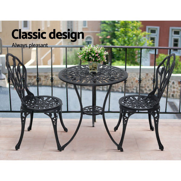 Gardeon 3PC Outdoor Setting Cast Aluminium Bistro Table Chair Patio Black freeshipping - Awezingly