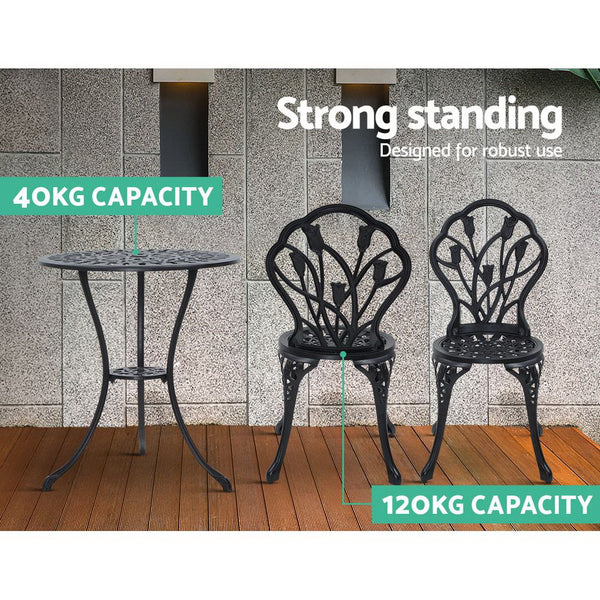 Gardeon 3PC Outdoor Setting Cast Aluminium Bistro Table Chair Patio Black freeshipping - Awezingly