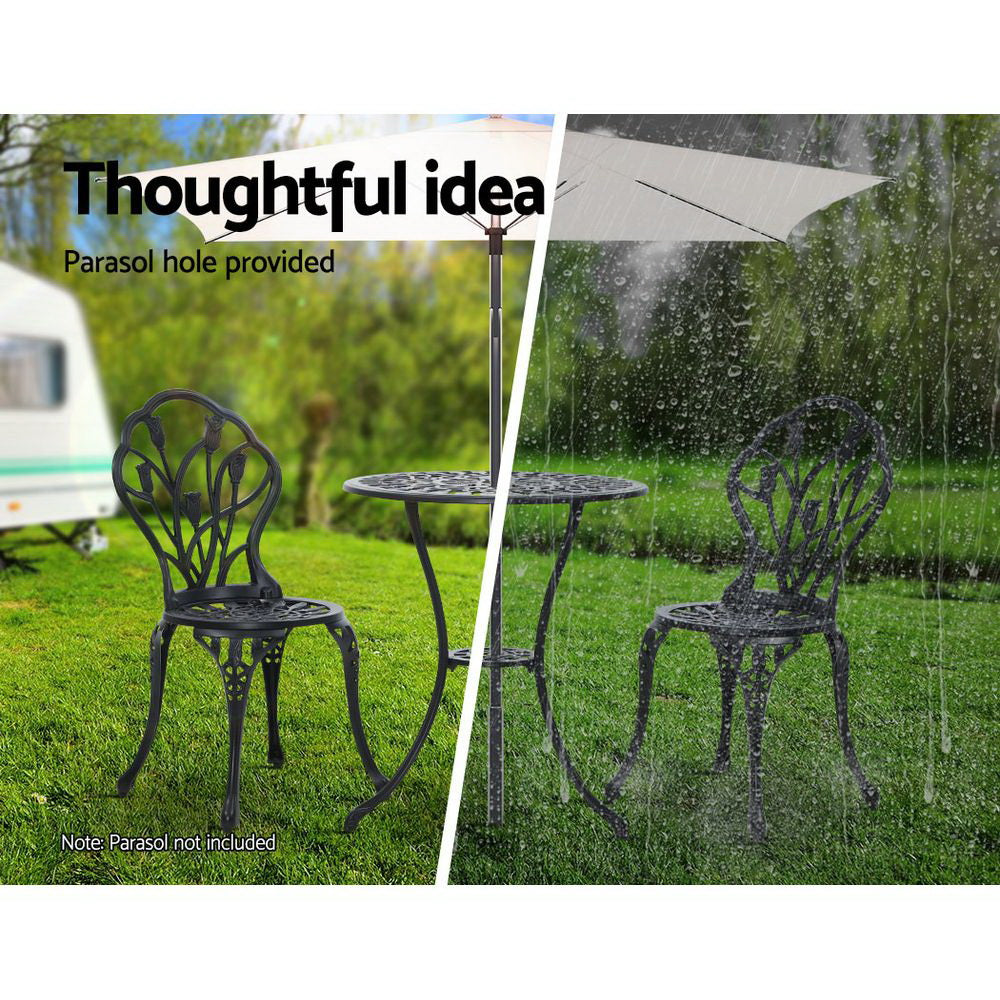 Gardeon 3PC Outdoor Setting Cast Aluminium Bistro Table Chair Patio Black freeshipping - Awezingly