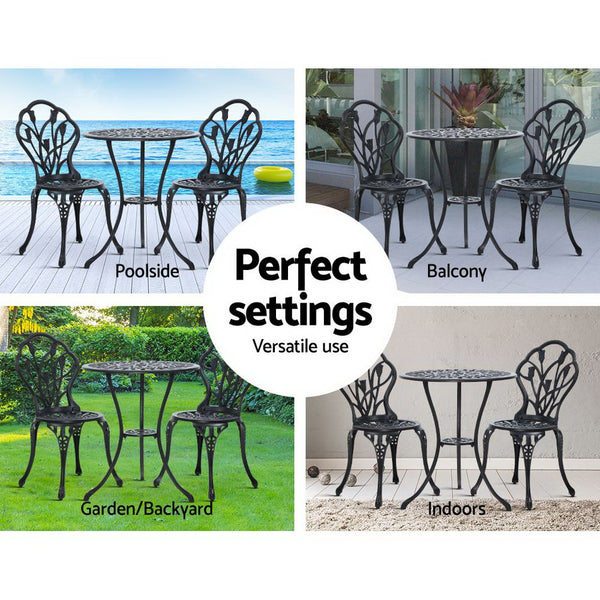 Gardeon 3PC Outdoor Setting Cast Aluminium Bistro Table Chair Patio Black freeshipping - Awezingly