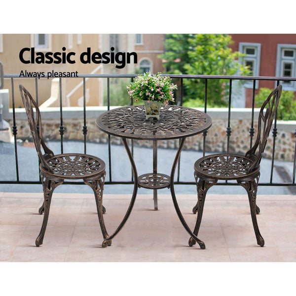 Gardeon 3PC Outdoor Setting Cast Aluminium Bistro Table Chair Patio Bronze freeshipping - Awezingly