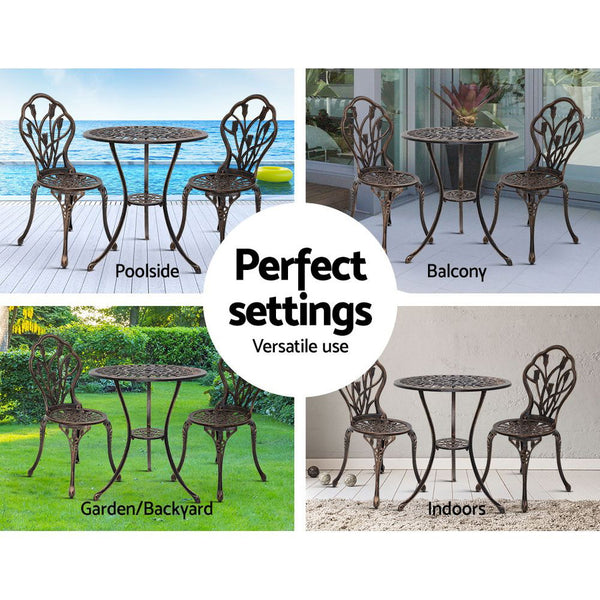 Gardeon 3PC Outdoor Setting Cast Aluminium Bistro Table Chair Patio Bronze freeshipping - Awezingly